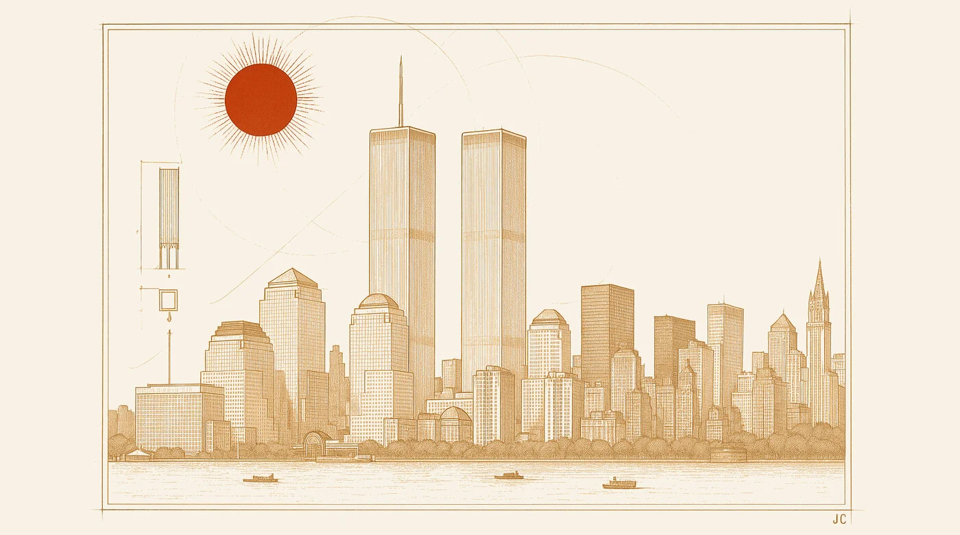 Architectural record-plate drawing of the lower Manhattan skyline with the Twin Towers standing intact, a signal-orange morning sun low in the sky at left, and harbor water with small boats in the foreground
